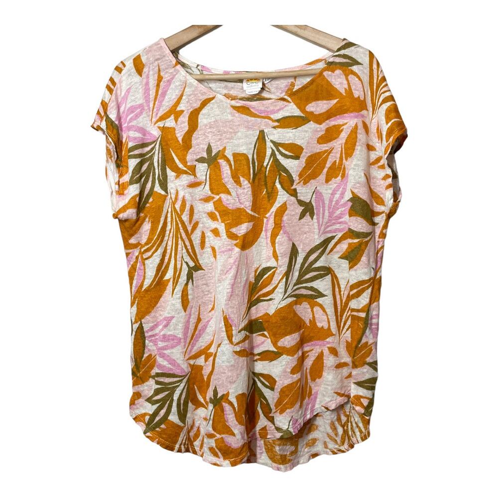 C & C California Linen Top Shirt Floral Orange Pink XL Short Sleeve Womens